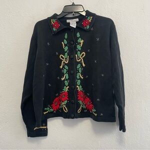 Christmas Sweater XL V-Neck Black Victoria Jones Poinsettia Beaded Embroidered